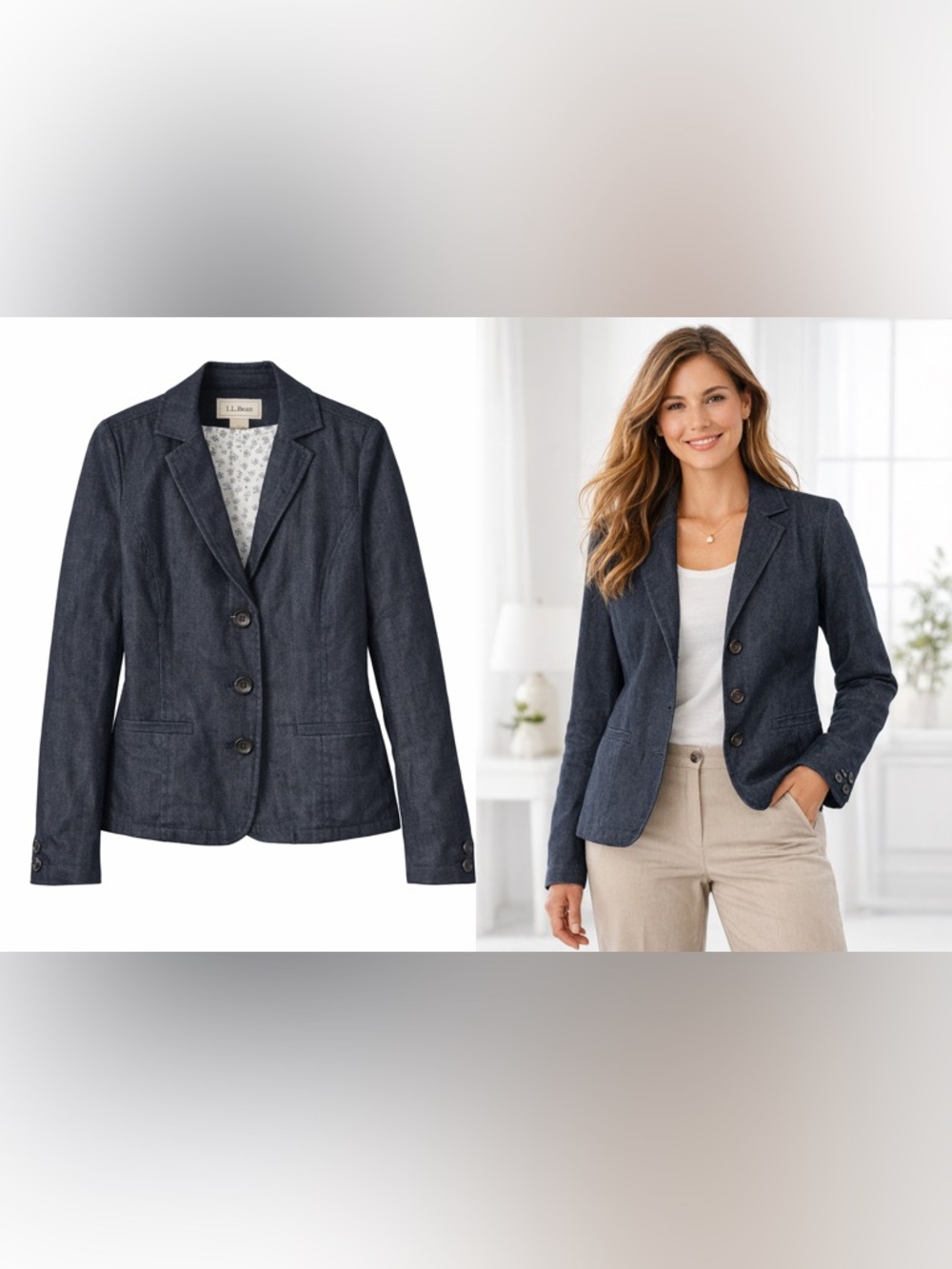 LL Bean Blazer/Jacket  Dark Denim‎  Fitted Stretch Women Size 14 Lined 3 Buttons